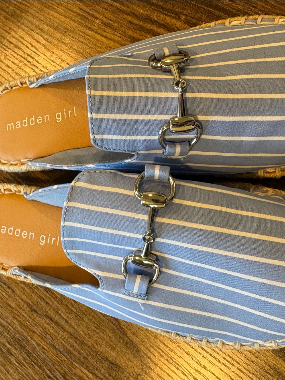 Madden Girl Light Blue and White Striped Slip-On Mules with Silver Bit